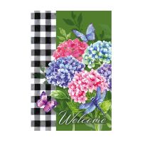 Evergreen Hydrangea Checks Garden Suede Flag, 14S9692