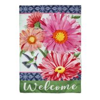 Evergreen Gerberas and Hummingbird Garden Linen Flag, 14L10870